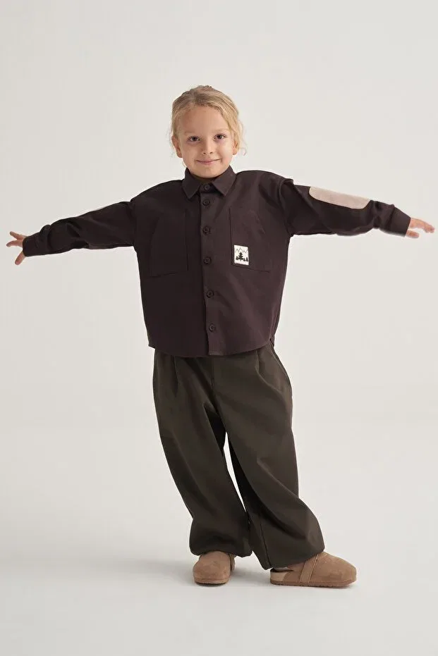 Детская рубашка для мальчиков из габардина Unisex children's gabardine shirt brown Ebu Prive, Brown — фото 3