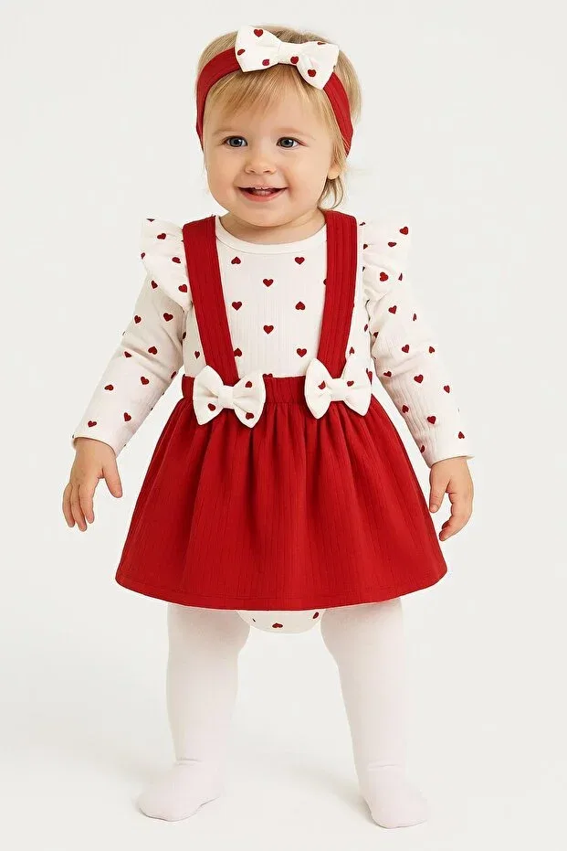 Детское платье-блейзер для девочек с принтом Baby Girl Heart Flower Print Bow Detail Bandana Bottom Snap Fastener Bodysuit Dress 3-Piece Jewelry Set Dinamik Çocuk, Heart