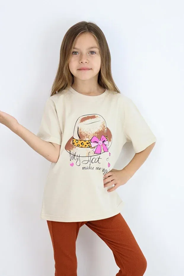Детская футболка для девочек с принтом Basic Printed Girl's T-Shirt 4-10 Years Miababy, Hardal