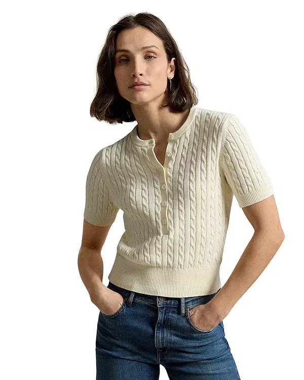 Женский свитер с коротким рукавом Mini Cable Short Sleeve Henley Sweater Ralph Lauren, кремовый