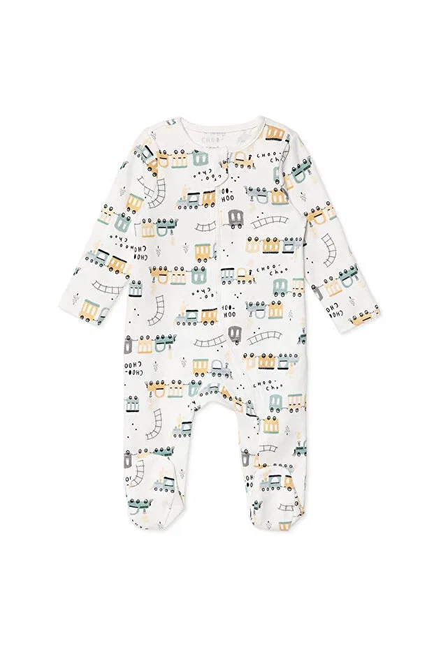 Детский комбинезон для мальчиков с принтом Hellobaby baby boy jumpsuit car printed zippered crew neck long sleeve with booties Ebebek Hello Baby, Ecru Printed