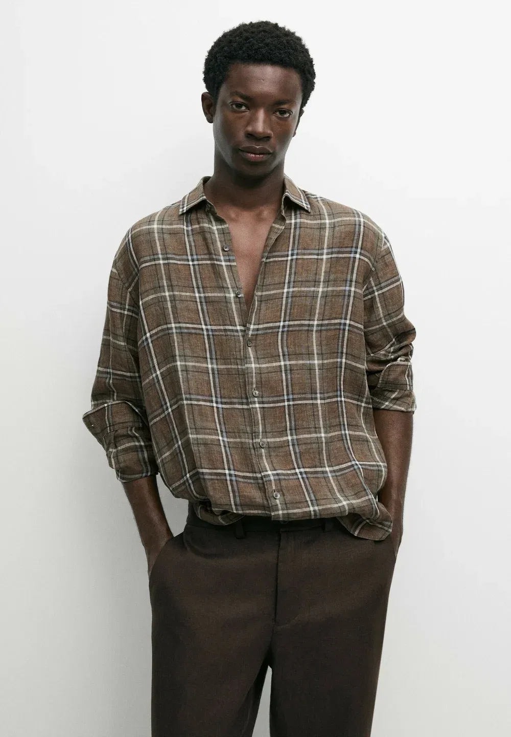 Рубашка в клетку, 100% лен, стандартный крой Massimo Dutti, Mottled Dark Green
