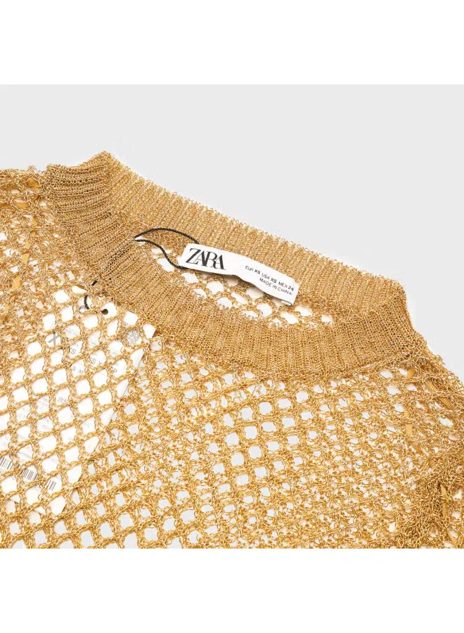 Блузка с длинным рукавом ажурная Zara, золотой — фото 4