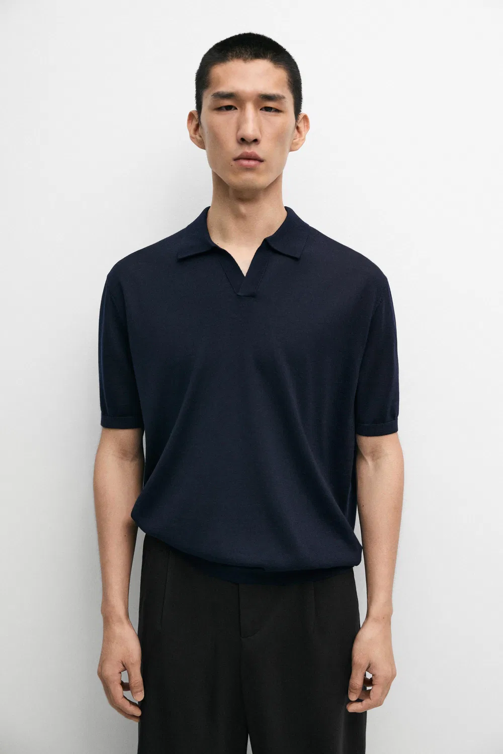 Рубашка-поло Massimo Dutti Short Sleeve Wool Blend Knit, темно-синий