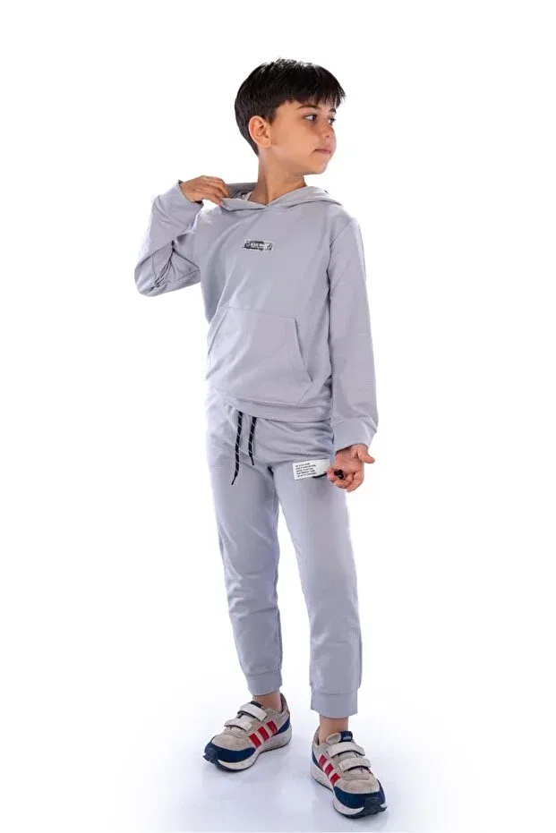 Детский спортивный костюм для мальчиков с капюшоном Class kanguru pocket hooded children's tracksuit mnk10071 Minikadam, Light Gray — фото 3