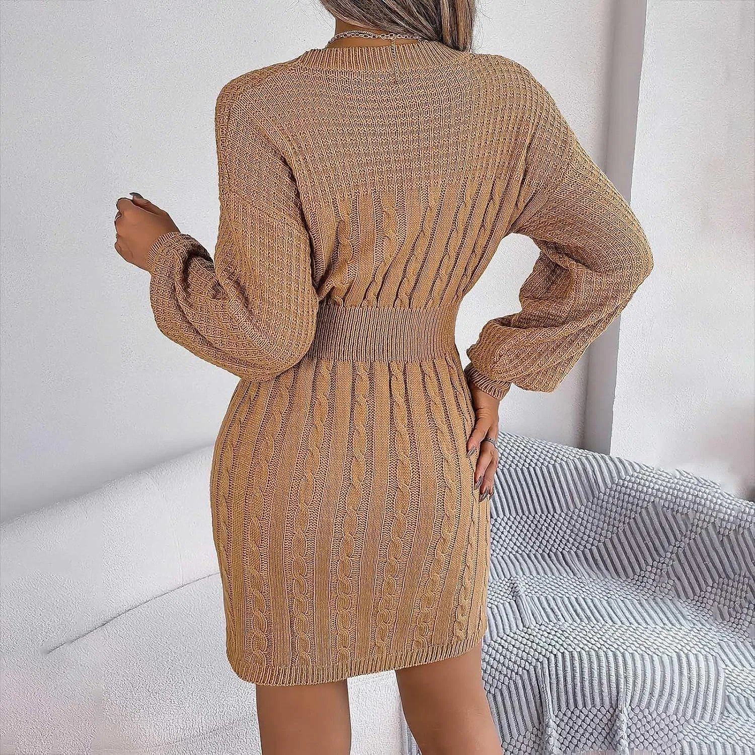 Женское трикотажное платье миди с круглым вырезом, Khaki — фото 2