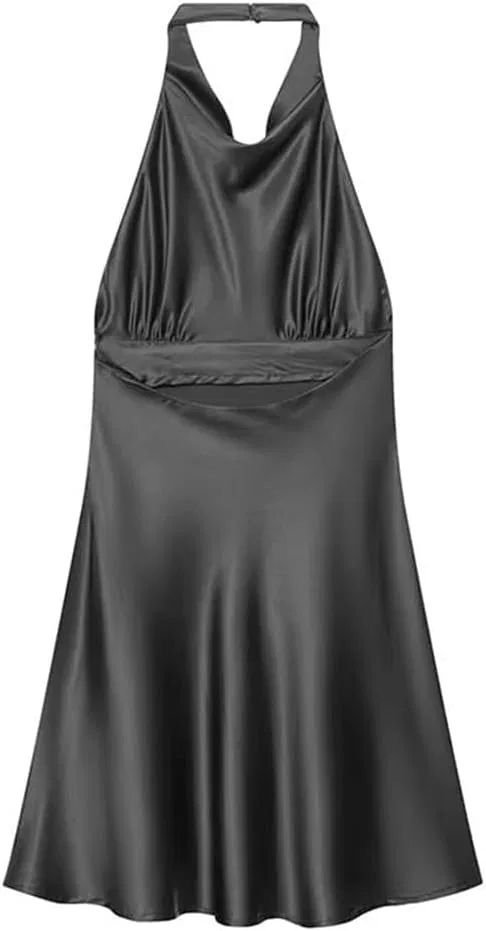 Женское сатиновое мини-платье с открытой спиной A-line, Black — фото 3
