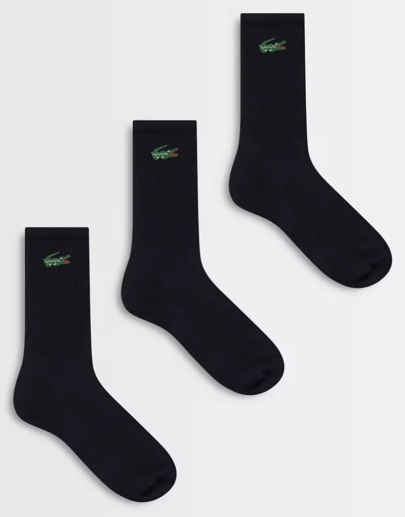 Носки длинные хлопковые унисекс с логотипом крокодила 3 шт Lacoste, черный
