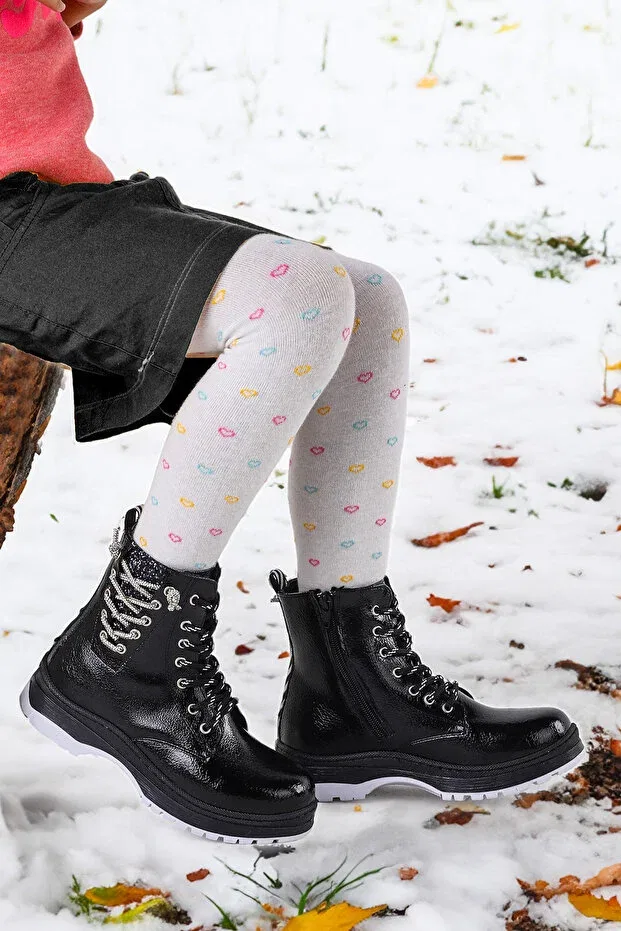 Детские ботинки для девочек с принтом Thermo sole girl's boots 621 wrinkled stone Kiko Kids, Black — фото 3