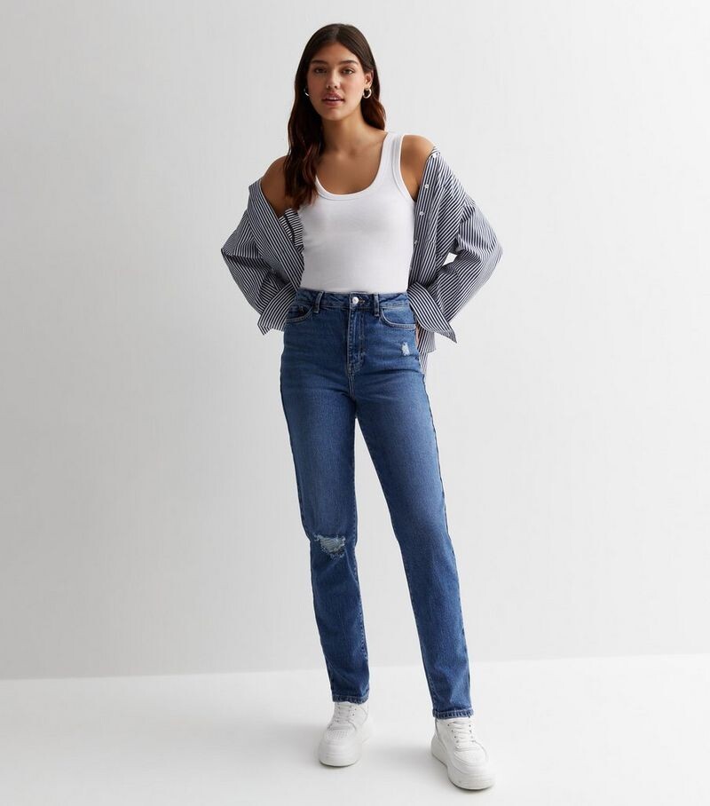 Высокие синие рваные джинсы Tori Mom с высокой талией New Look, синий