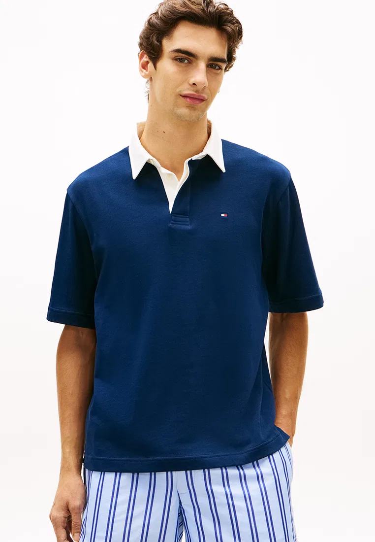 Поло, цветблок, свободный крой, TH Mainline Tommy Hilfiger, темно-синий