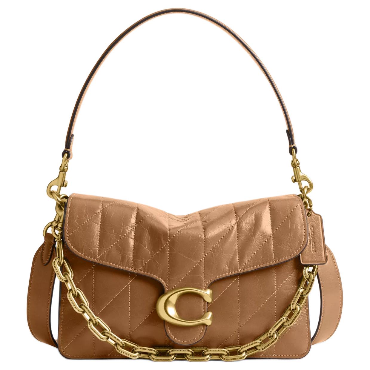 

COACH Кожаная цепная сумка через плечо среднего размера для женщин медово-коричневого цвета