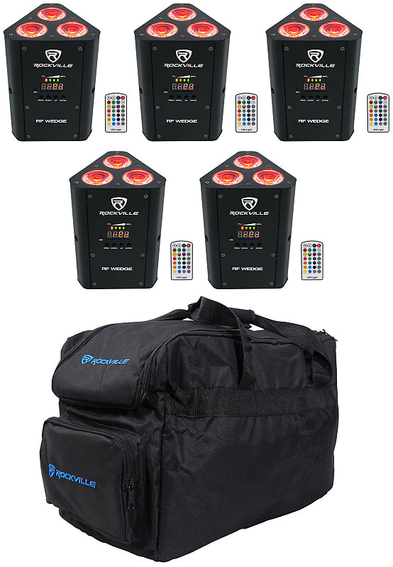 

Комплект 5 Rockville RF WEDGE BLACK RGBWA + UV Battery Wireless DMX Up Lights + пульты дистанционного управления + сумка 5 RF WEDGE BLACK + RLB30
