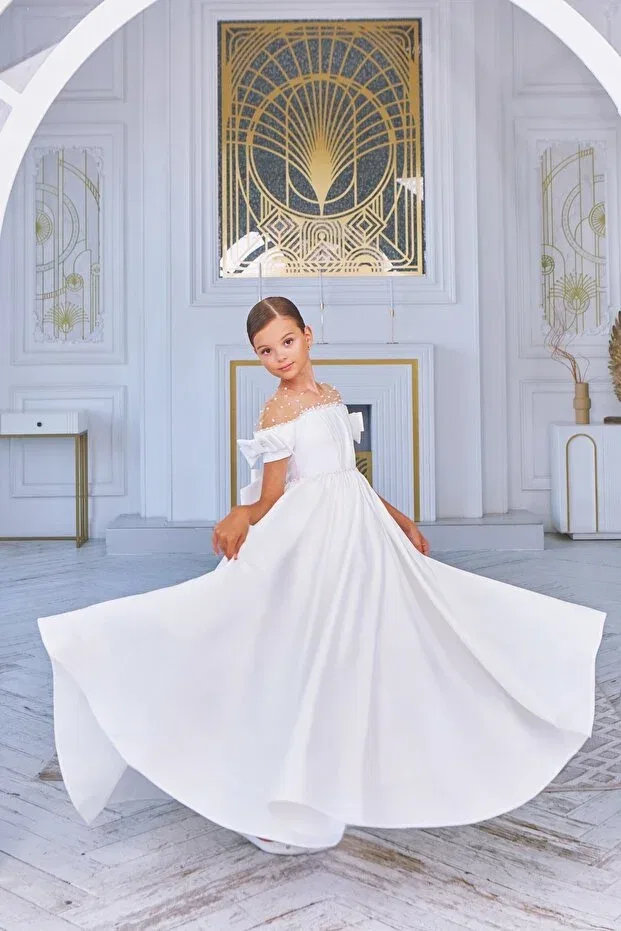 Детское вечернее платье для девочек с жемчугом Prom By Feyza Kids Collection, White — фото 3