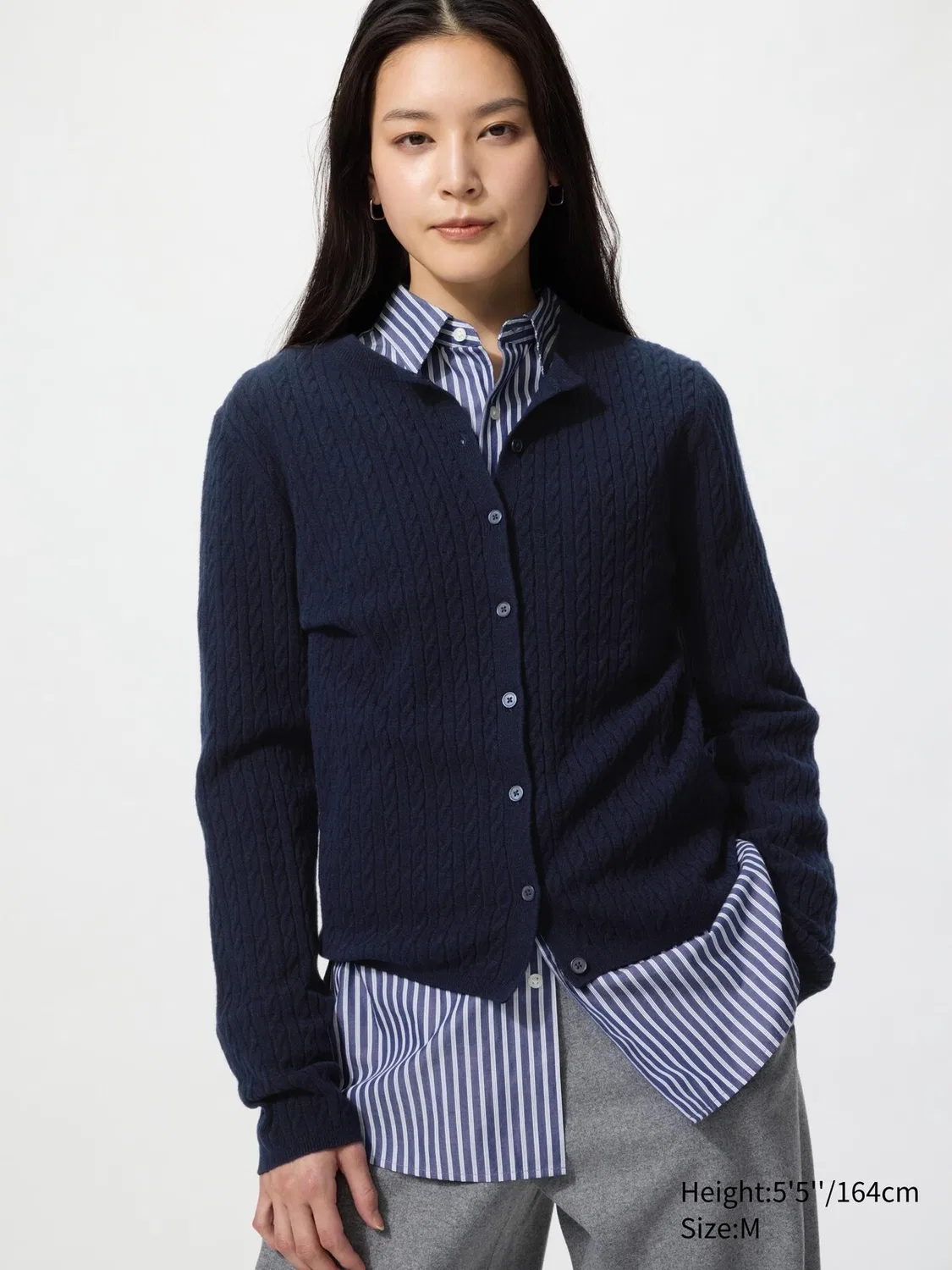 Кардиган Uniqlo с круглым вырезом и мини-косой вязкой, темно-синий