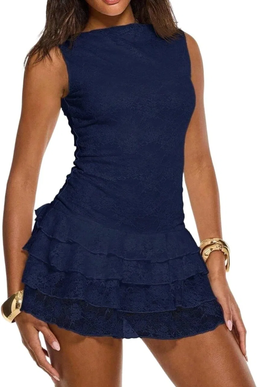 Женское повседневное платье А-силуэта с воланами, Navy Blue