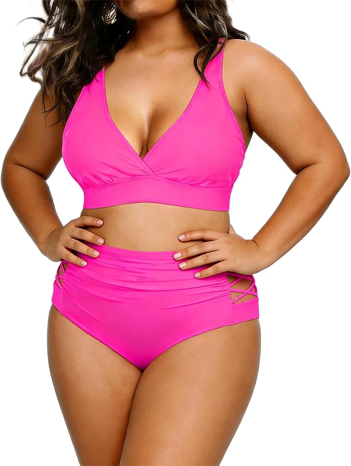 Женский купальный костюм с высокой талией Plus Size, Hot Pink