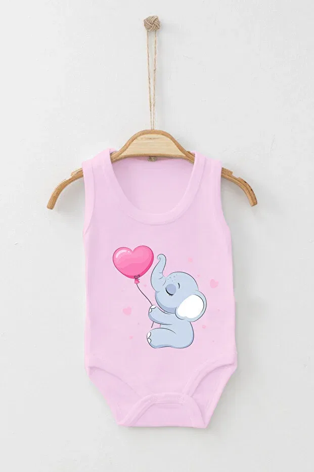 Детское боди с принтом Cute Elephant Playing Balloon With Heart Printed Strappy Bodysuit Adabebek, Pink