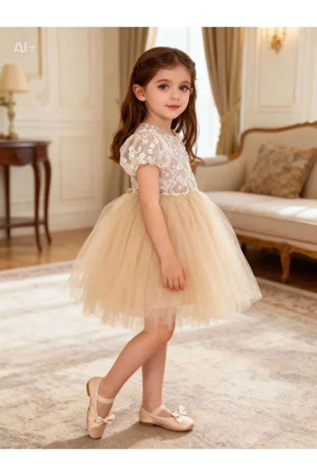 Детское платье для девочек с коротким рукавом Daisy tulle puffy dress Lunas Tekstil, Beige