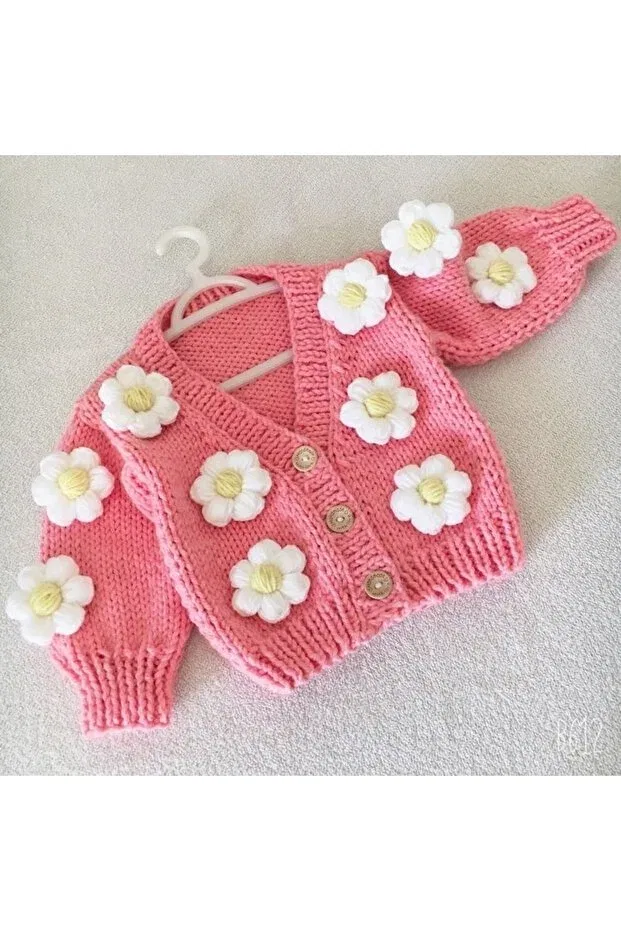 Детский кардиган с принтом Hand knitted baby daisy crop Izmirblanket, Candy Pink