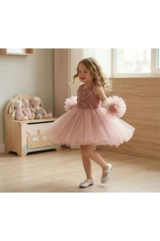 Детское платье для девочек с принтом Pompom sleeves rose patterned tulle party and birthday dress Delfini Kids, Powder — фото 2