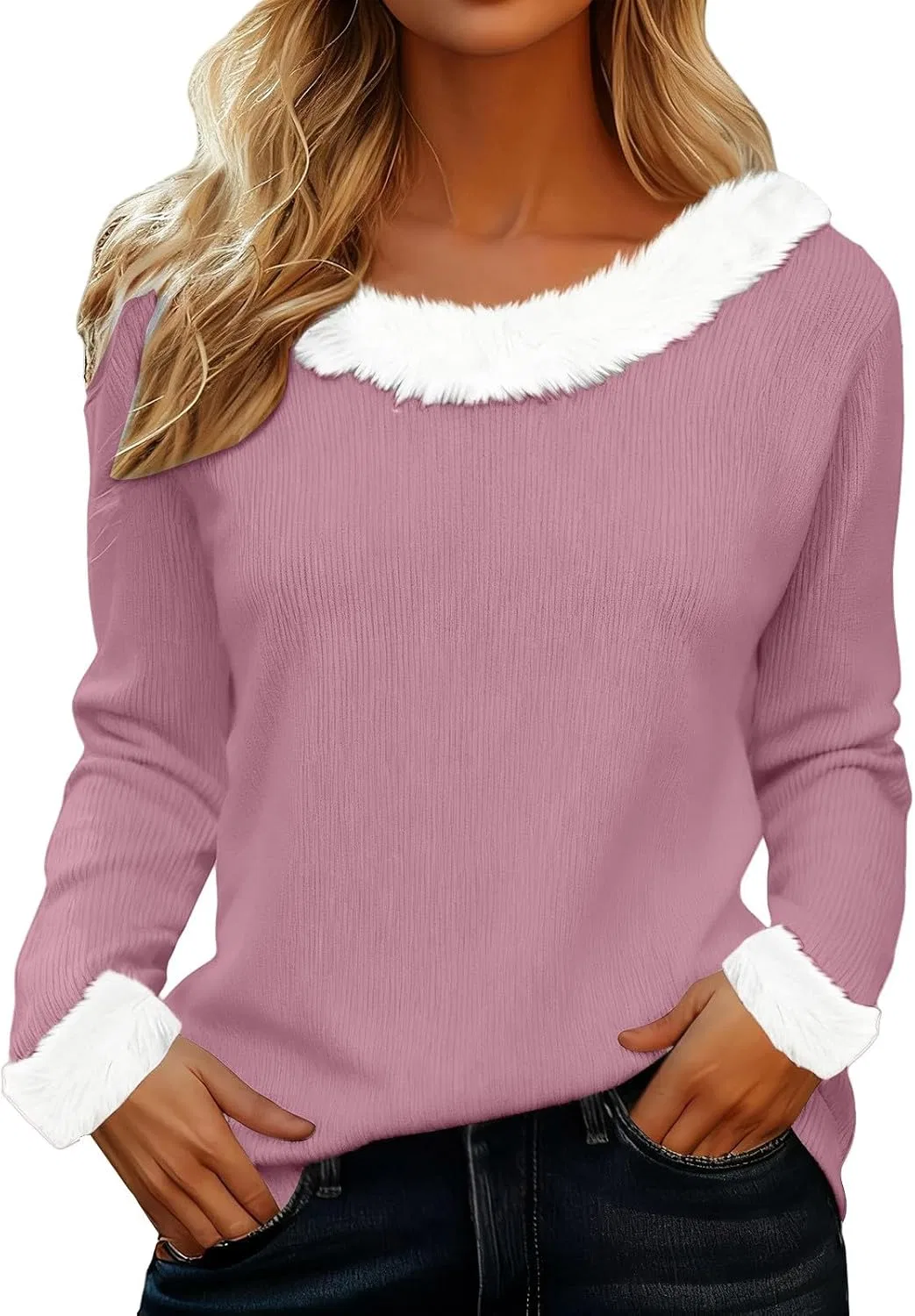 Женский свитшот с принтом Ugly Christmas, faux fur trim, V-neck, белый, розовый