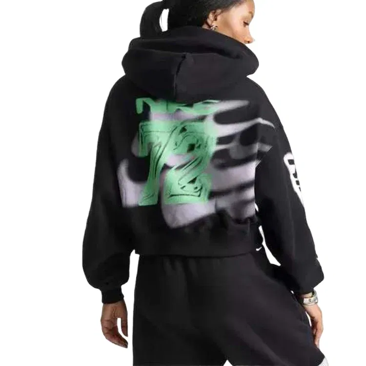 Женское худи Studio Fleece Medium Weight Cropped Oversized Hoodie 'Total Black Sail' Nike, Total Black/Sail — фото 2