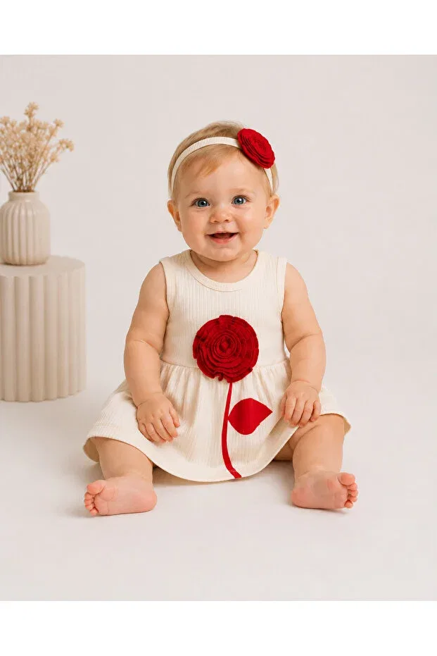 Детское платье для девочек с длинным рукавом Rose bolero bandana Aa Bebek, Red-Cream — фото 3