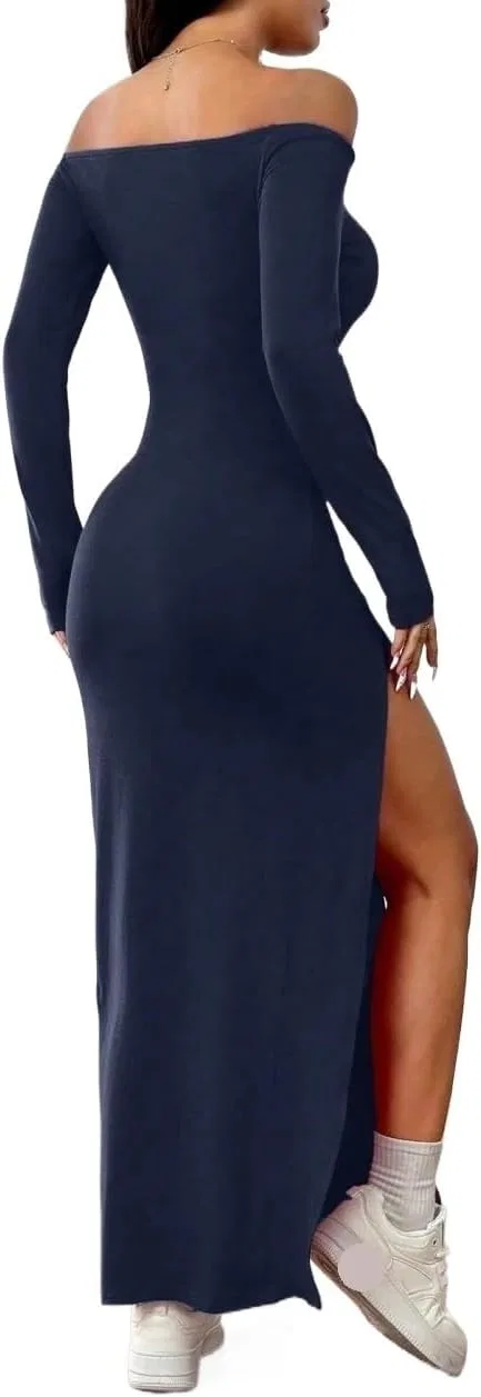 Женское длинное платье с разрезом на бедре, Navy Blue — фото 2
