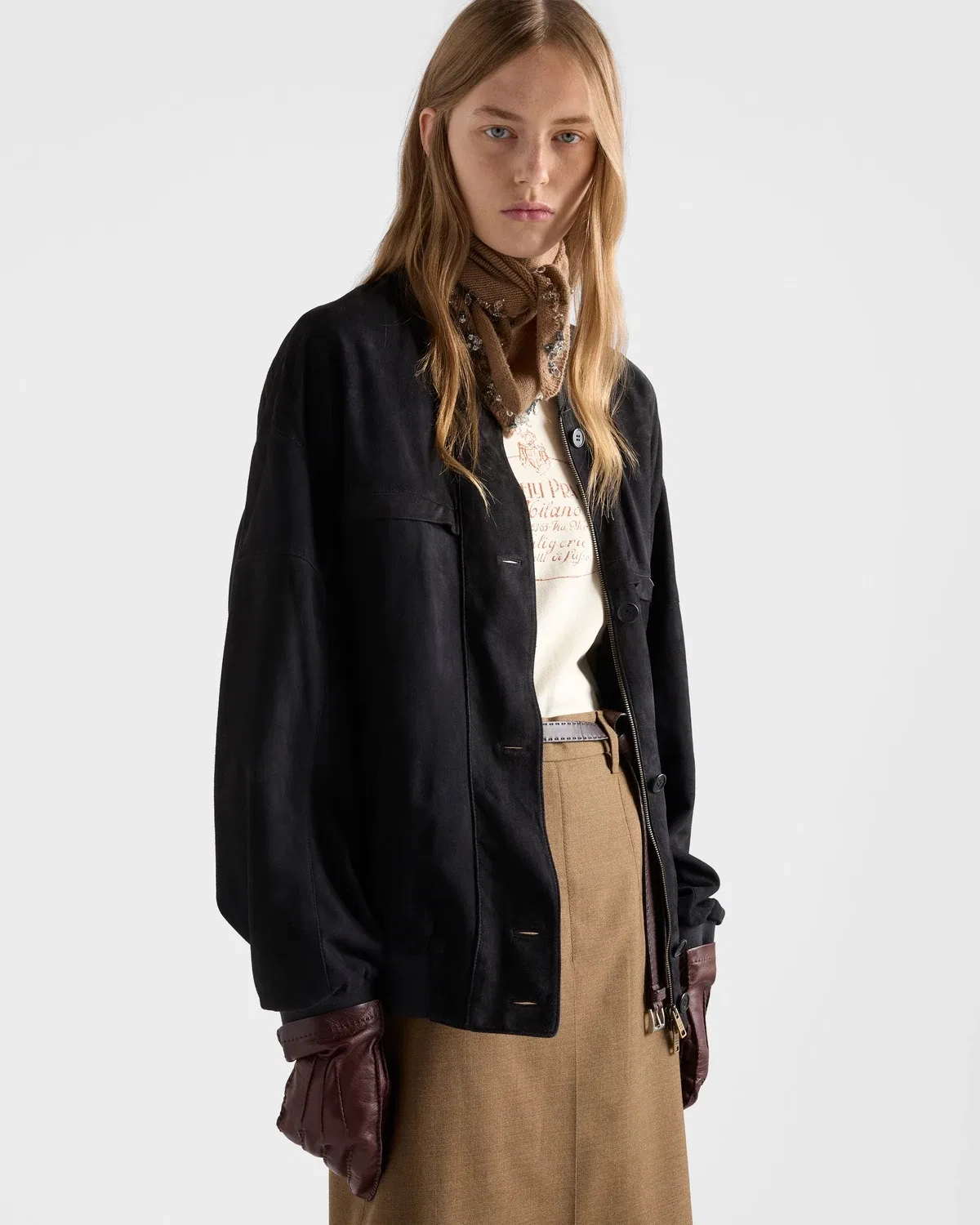 Замшевая куртка-блузон свободного кроя Prada, черный — фото 3