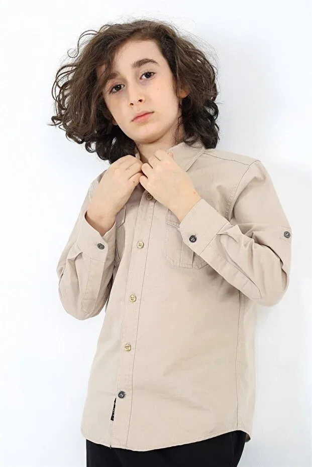 Детская рубашка для мальчиков с длинным рукавом Basics Banadamoda, Beige — фото 3