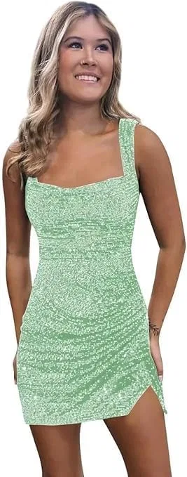 Женское коктейльное платье с пайетками, квадратным вырезом и разрезом, Mint Green