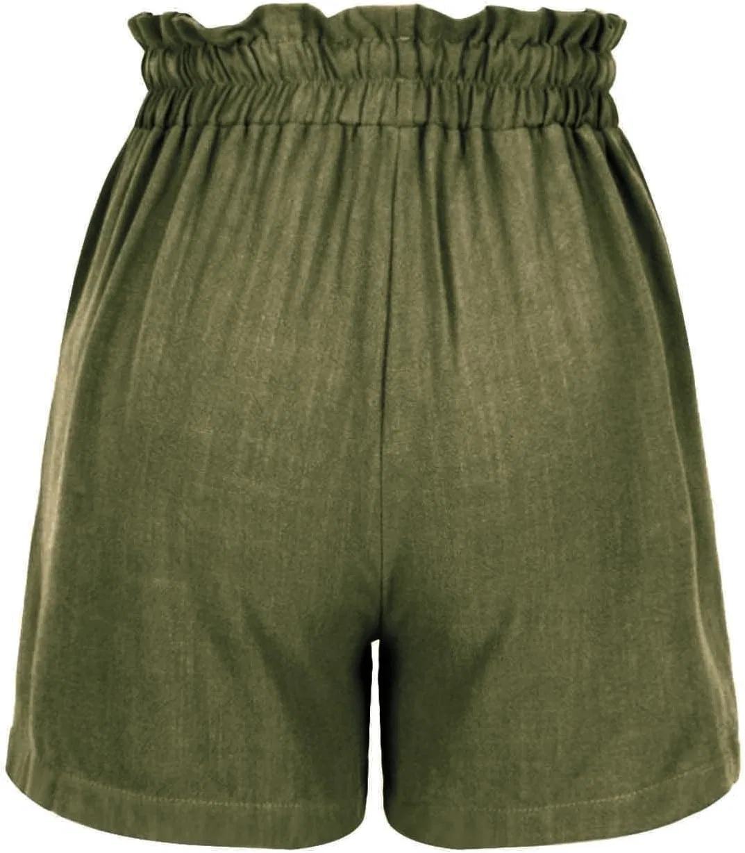 Женские свободные шорты с высокой талией на завязках, Army Green — фото 3
