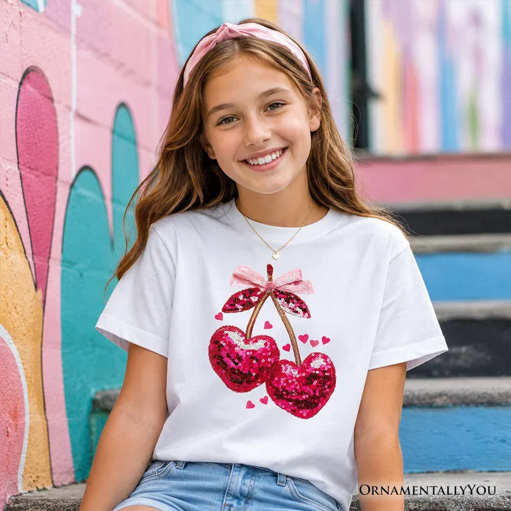 Детская футболка для девочек с принтом Cute Cherry Heart OrnamentallyYou, White — фото 2