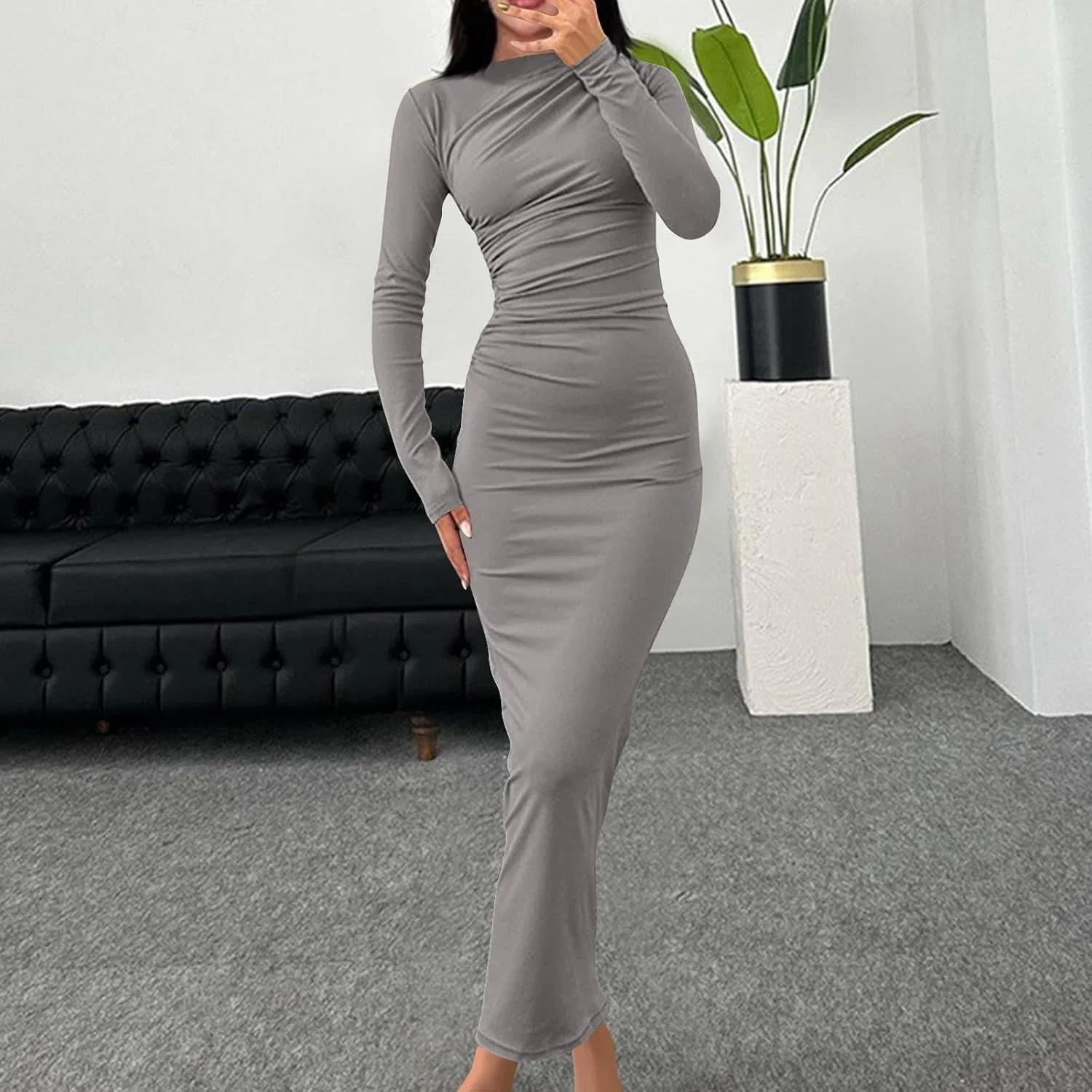 Женское облегающее макси-платье с длинным рукавом Bodycon, Gray — фото 2