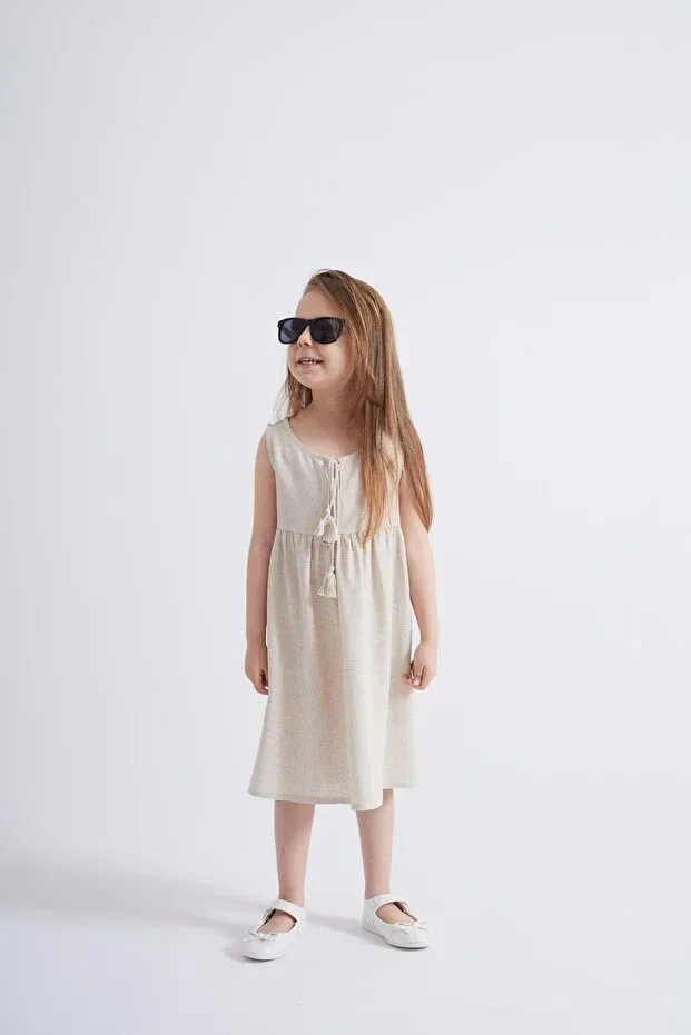 Детское платье для девочек с длинным рукавом Oliven The Kid, Beige — фото 3
