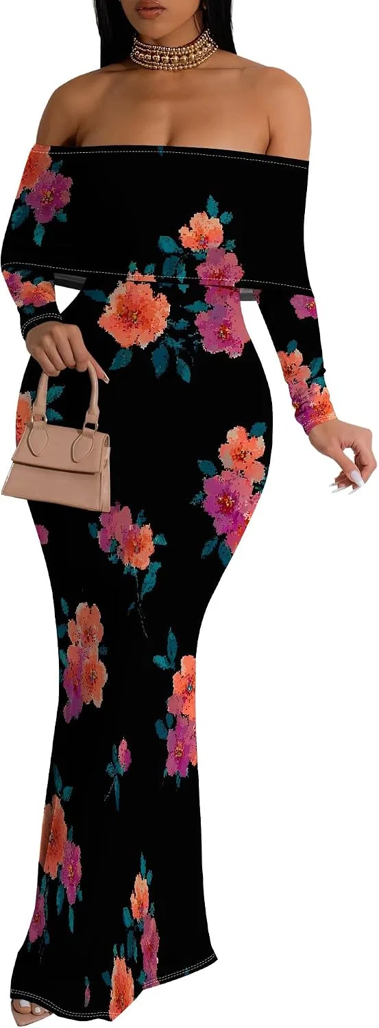 Женское длинное платье с принтом Off Shoulder, Multicoloured
