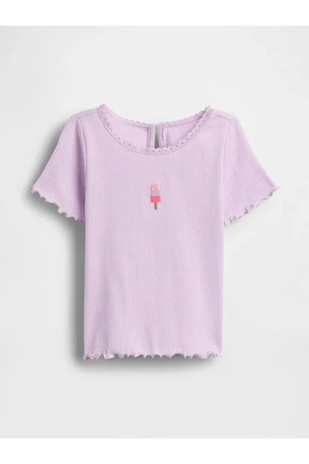 Детская футболка для девочек с принтом Lilac Ice Cream Embroidered Ribbed T-Shirt Gap, Lila-001