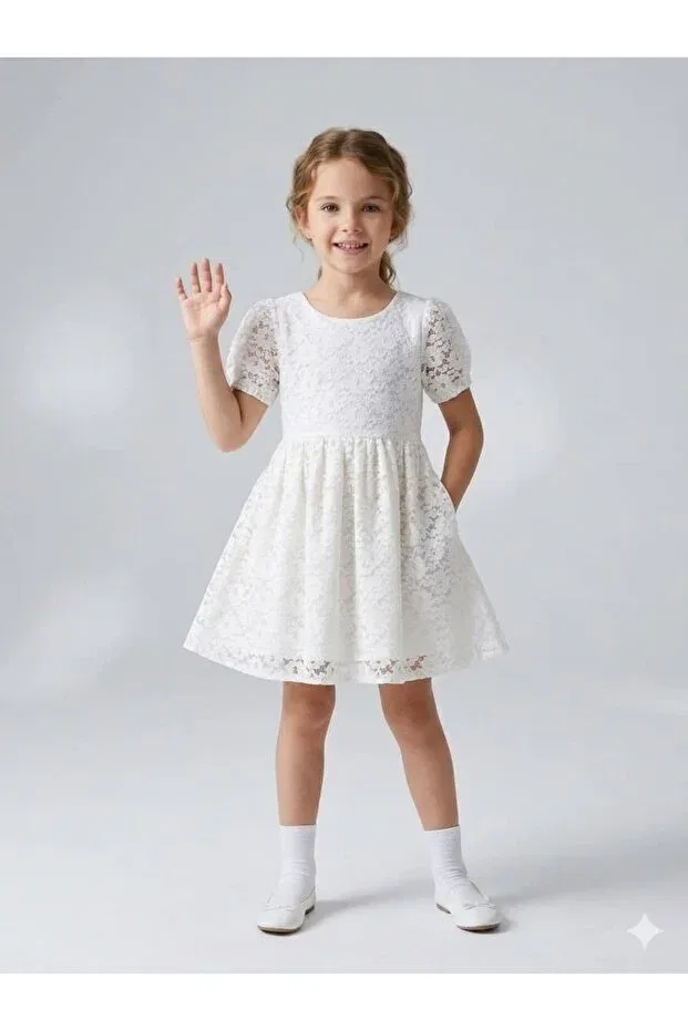 Детское платье для девочек кружевное Scallop lace dress Pink Export, White — фото 2