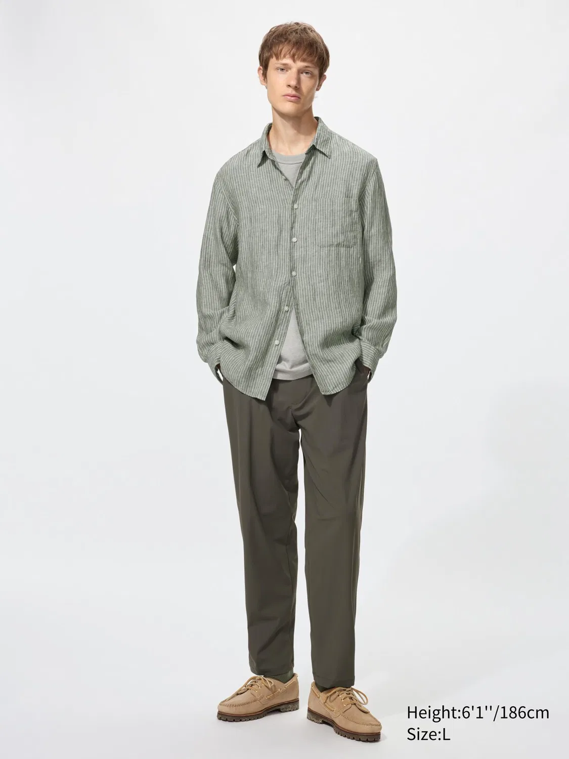 Рубашка Uniqlo, льняная, в полоску, кремовый — фото 2