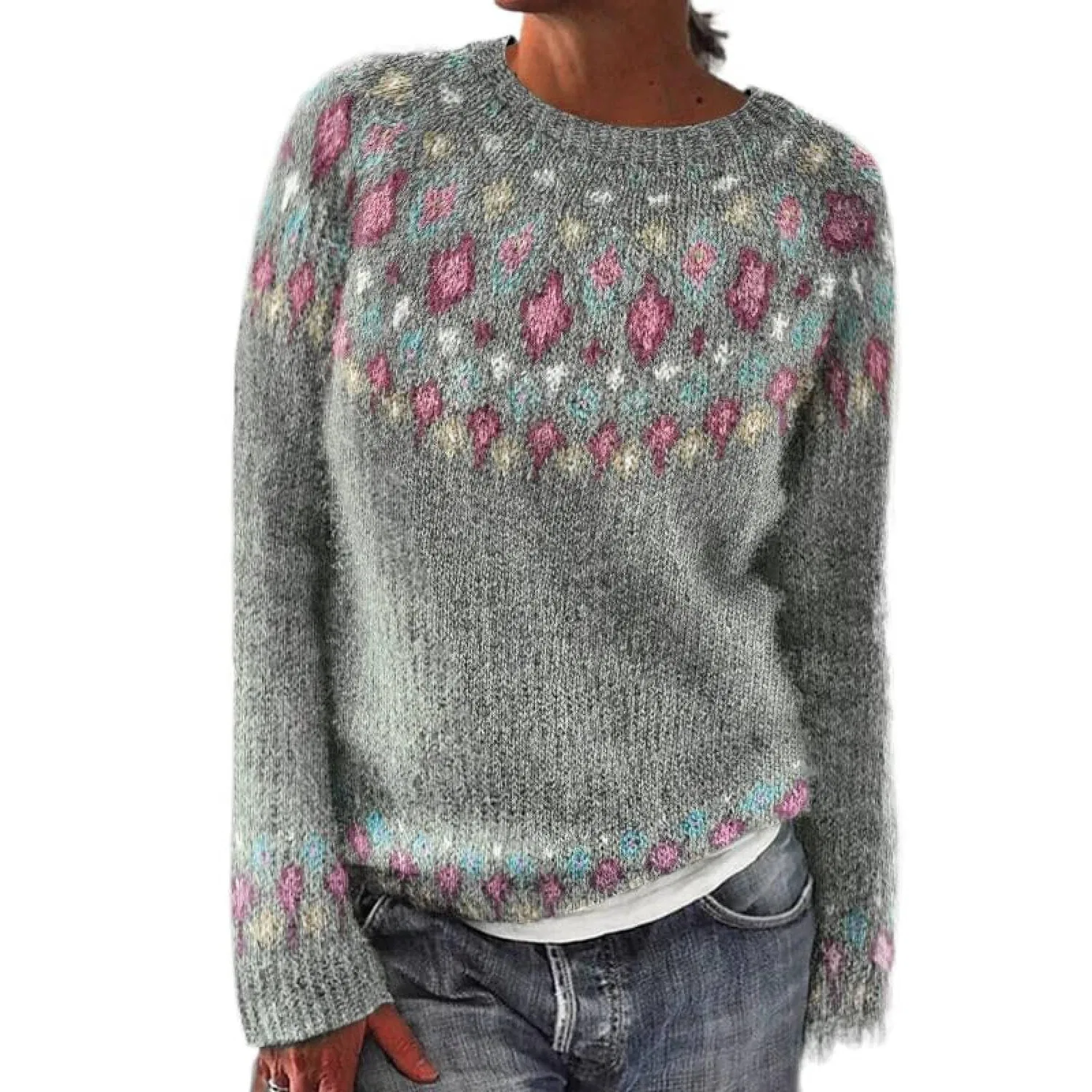 Женский свитер с принтом Fair Isle HUIFUAO, A01 Grey