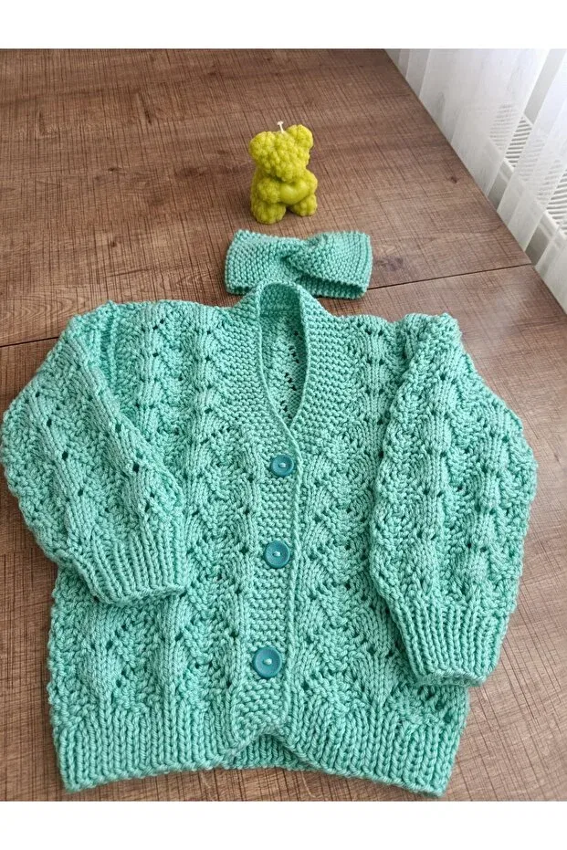 Детский кардиган ручной вязки с V-образным вырезом El Örgüsü Cici Bebe, Green — фото 2