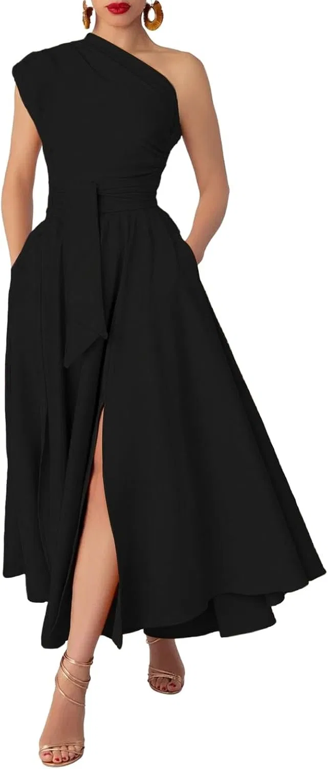 Женское асимметричное платье макси с одним рукавом, Black