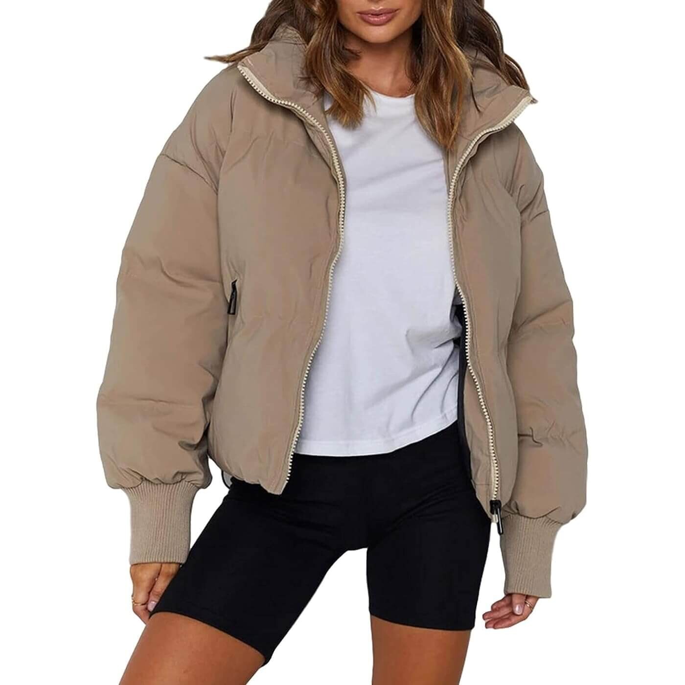 

Куртка Amebelle Women Winter Thermal Baggy Stand Collar Full Zip Puffer Down, хаки