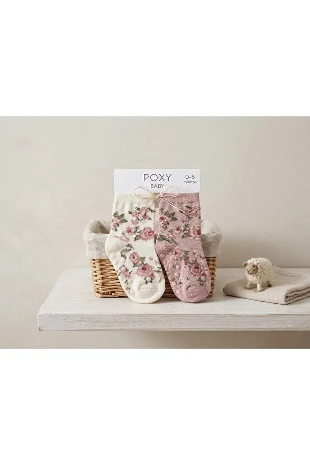 Детские носки для девочек хлопковые с принтом Nimini Kids, Dried Rose With Cream-Colored Flowers — фото 2