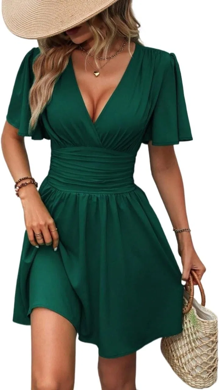 Женское летнее короткое платье с завышенной талией Dark Green