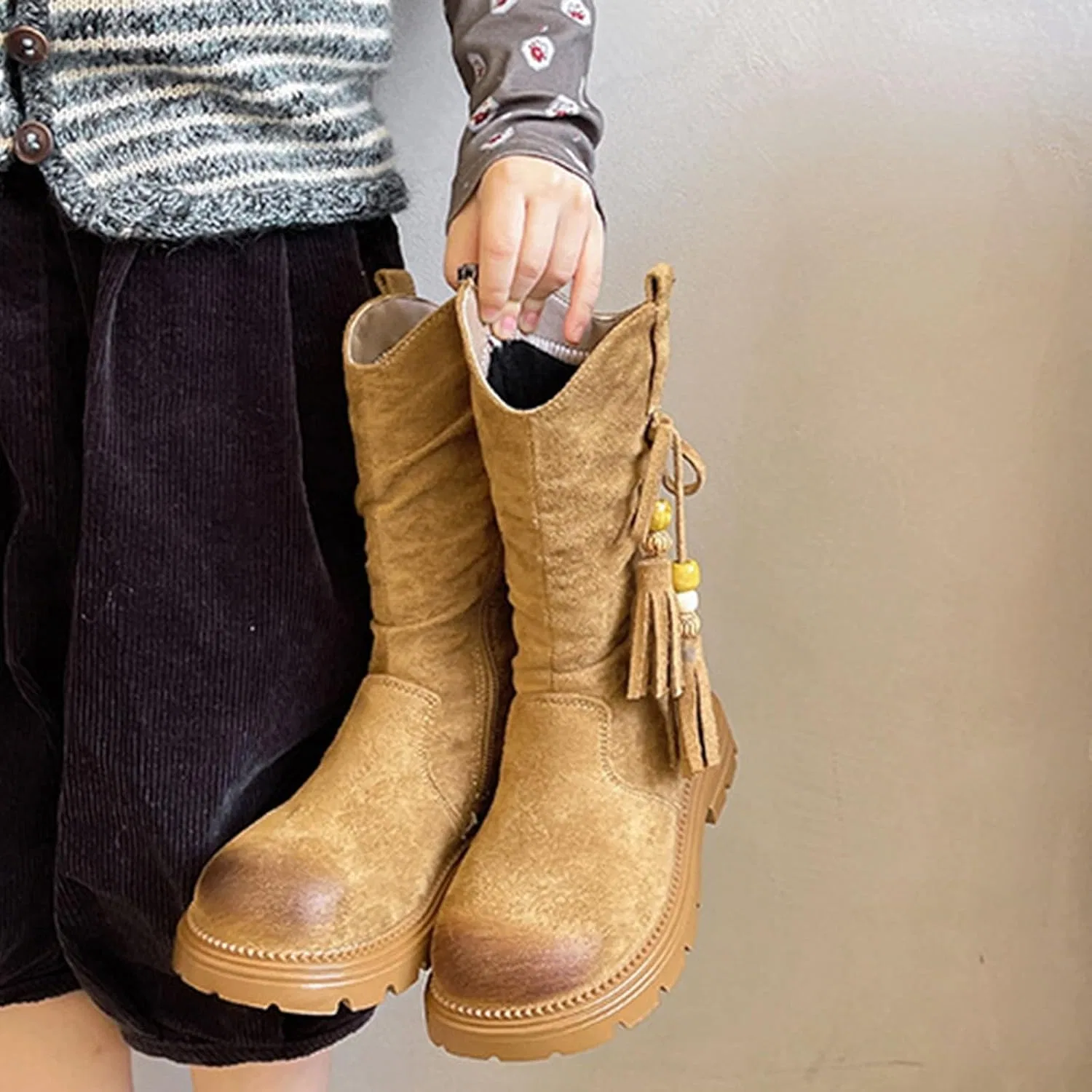Детские сапоги для девочек с бахромой Fashion Faux Suede SHOPESSA, Khaki — фото 2