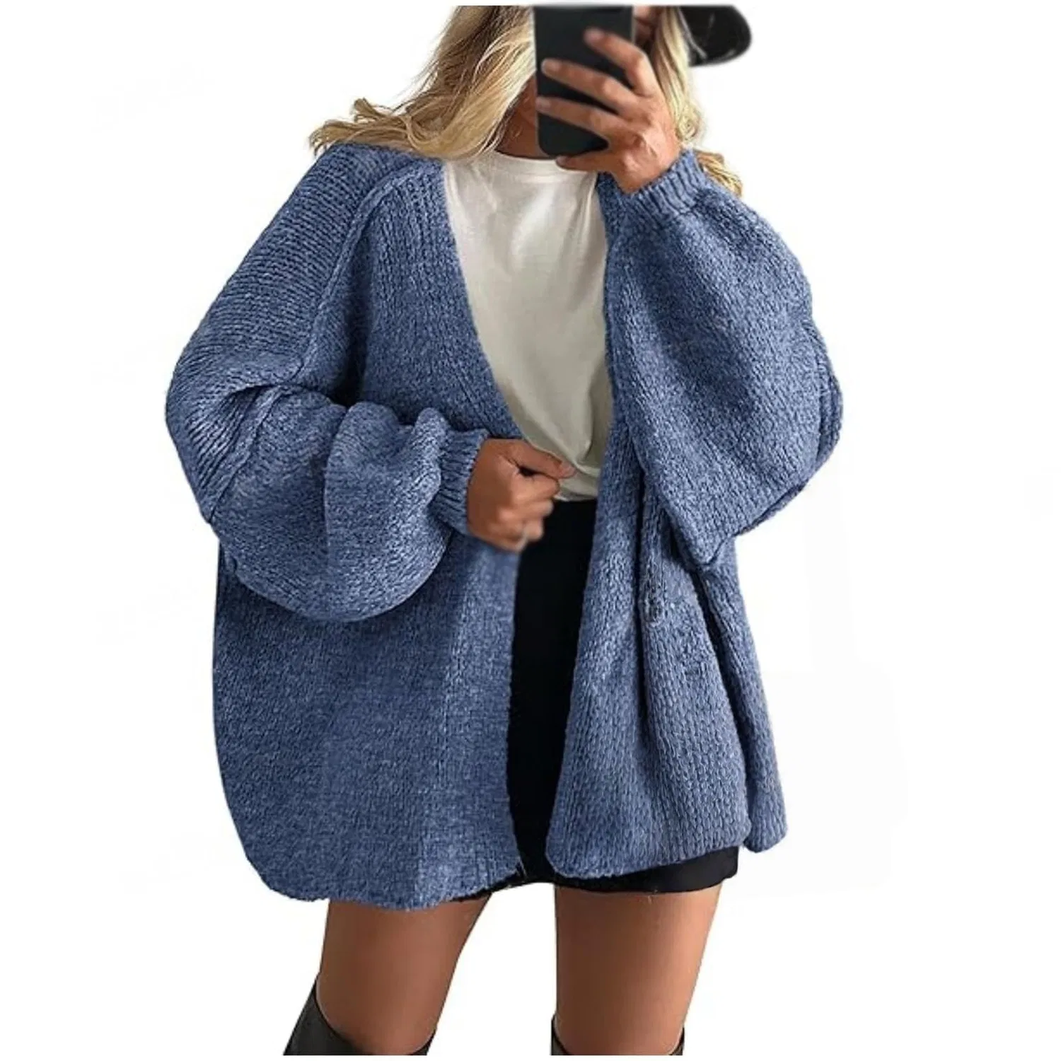 Женский удлиненный кардиган с фактурной вязкой и рукавом-фонарик, Blue
