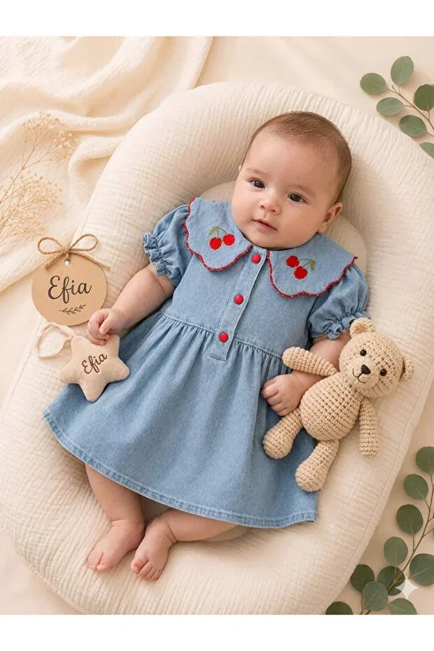 Детское платье для девочек джинсовое с вышивкой вишни Efia Baby, Blue — фото 3