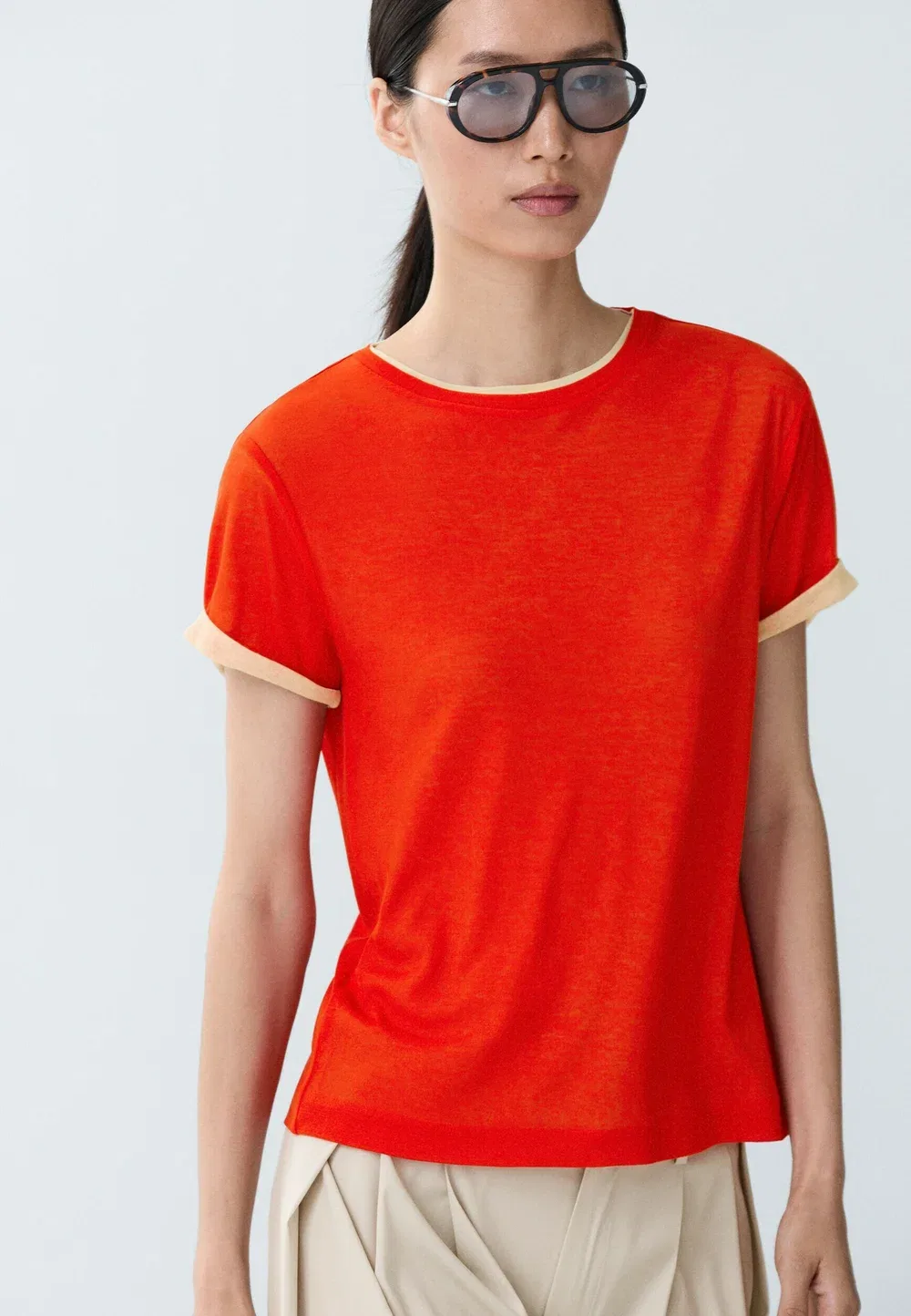 Двухслойная футболка с коротким рукавом - базовая футболка Massimo Dutti, Mottled Orange